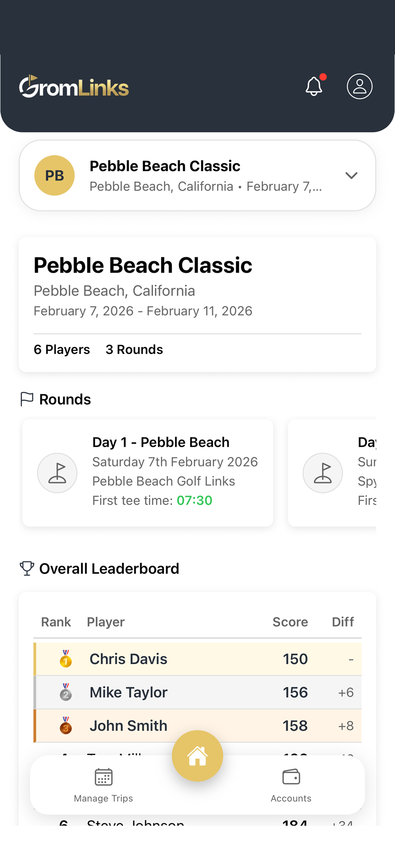 GromLinks app showing trip detail with countdown, leaderboard, and rounds